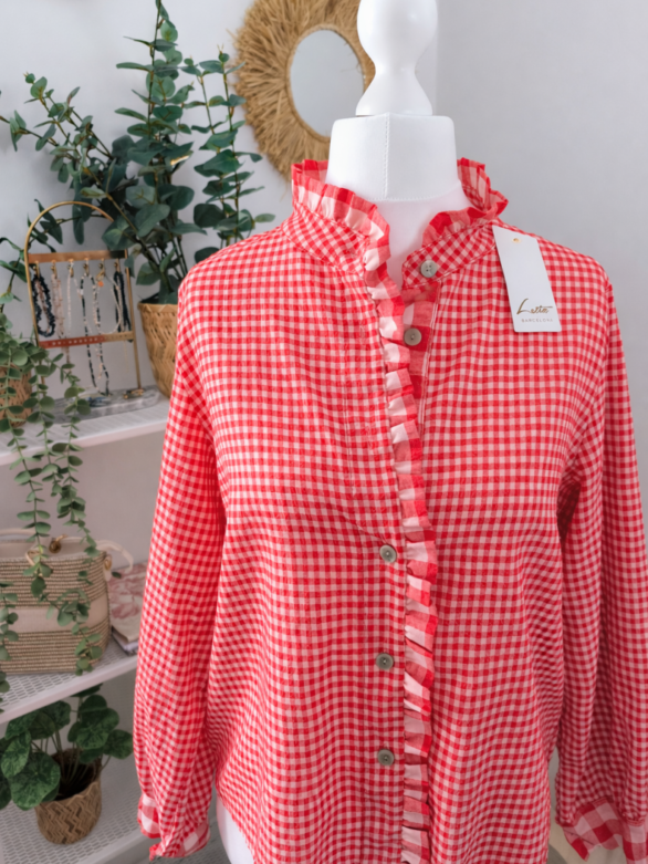 Koszula w czerwoną kratę vichy z romantyczną falbanką
