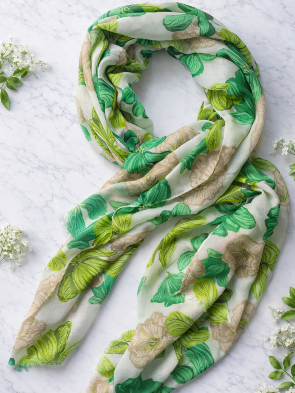 Chusta szal mgiełka zielone kwiaty JARDIN