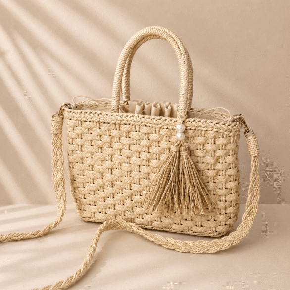 Pleciony Koszyk Torebka BOHO z Chwostami i Perłami - Summer Elegance